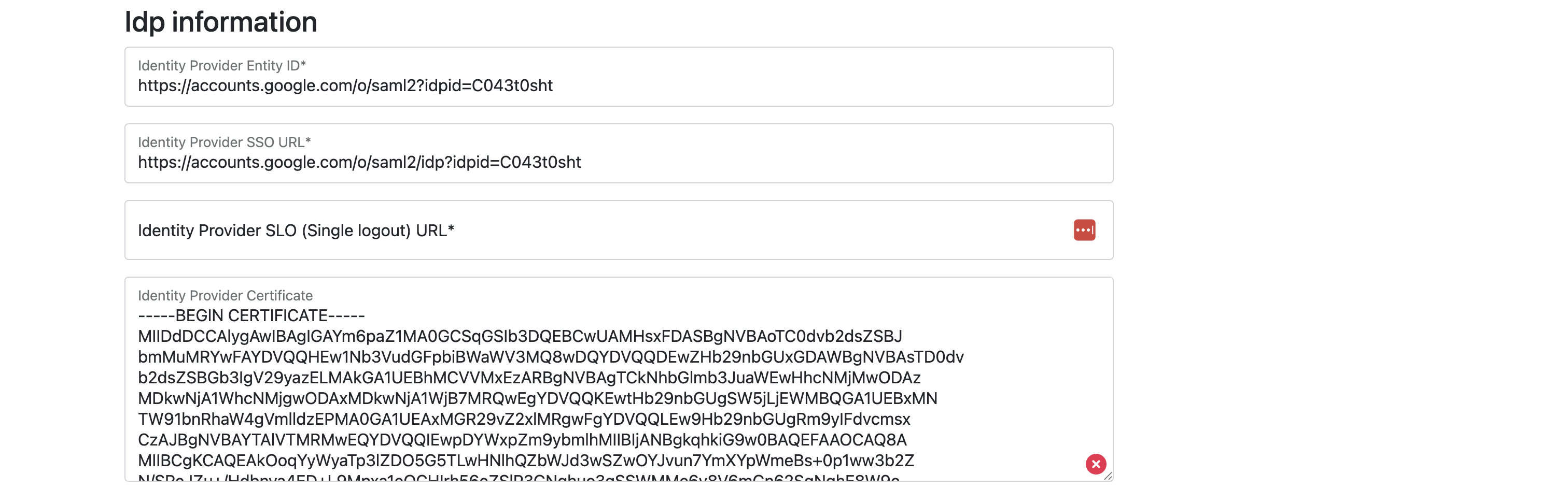 SSO google saml information copied
